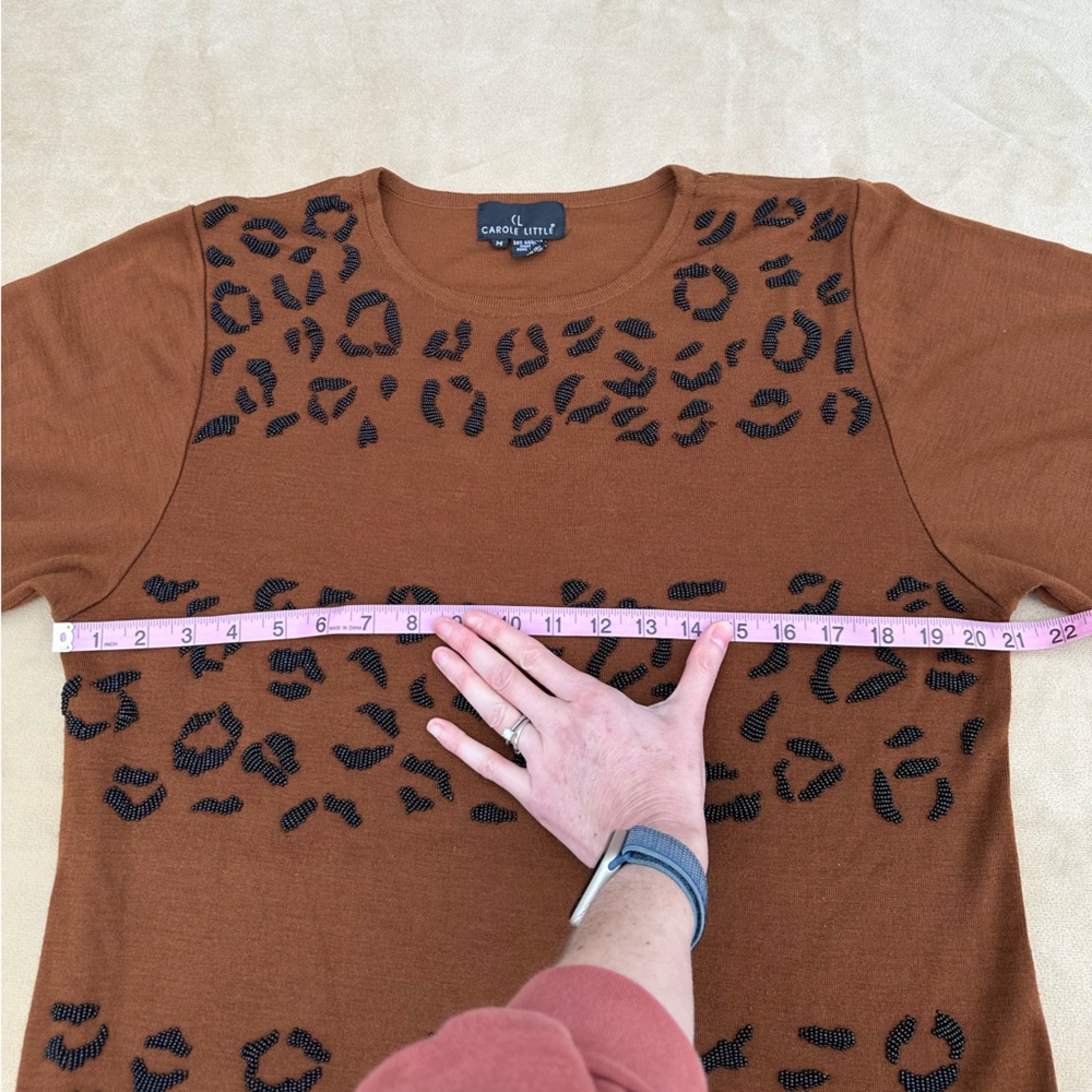 Carole Little Wool Vintage Brown Knit Sweater Dress | Beaded Leopard Embroidery - Picture 12 of 14